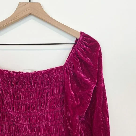 Anthropologie Magenta Pink Rose Smocked Velvet Puff Sleeve Peasant Blouse Ruffle - Picture 7 of 8